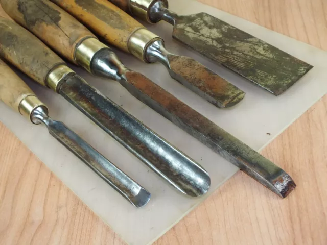 5 Marples Holzmeißel Set inkl. Drehausschnitt Werkzeuge Buchsbaum Griffe Vintage