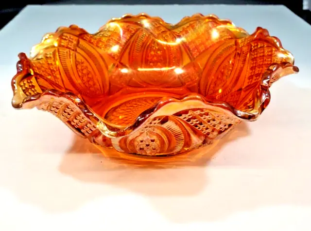 Imperial Glass Iridescent Marigold Carnival Diamond Ring 9 1/2" Ruffled Bowl