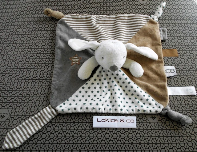 DOUDOU PELUCHE OB OBAIBI LAPIN PLAT GRIS BEIGE TAUPE ETOILES RAYE 26 cm D1508