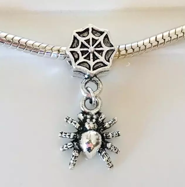 Antique Silver SPIDER WEB Dangle EUROPEAN Bead Charm GOTH Halloween Spooky Scare