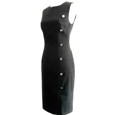 Calvin Klein Sleeveless Round Neck Side Button Accent Black Sheath Dress Sz 4