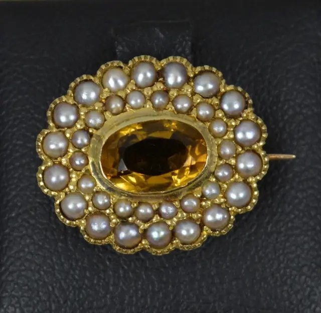 Early Victorian Citrine and Seed Pearl 15ct Gold Brooch