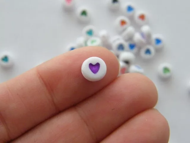 100 Acrylic round heart 7mm white RANDOM beads AB13  - SALE 50% OFF