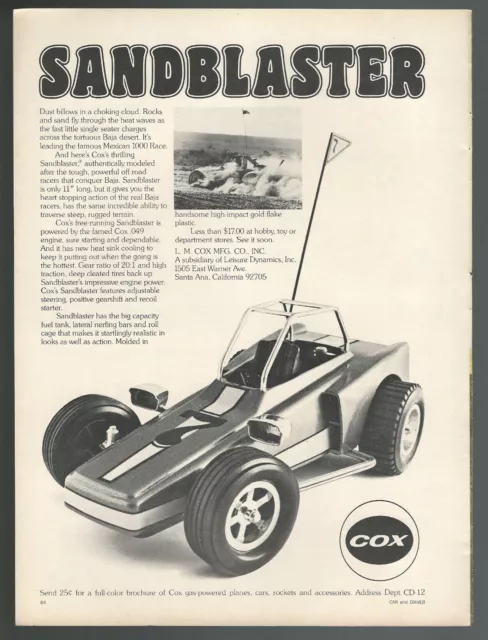 1972 COX SANDBLASTER advertisement, gas engined toy dune buggy print ad