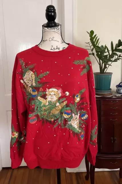 Vintage Holiday Time Women’s Red Kittens Holiday Theme Sweatshirt Size L 90’s