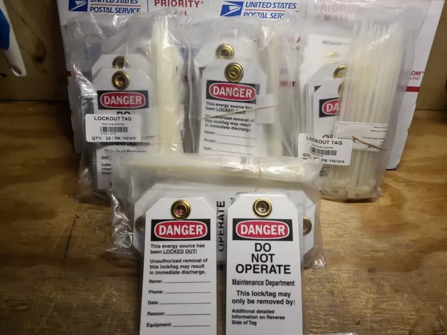 (100)Brady LOCKOUT DANGER TAGS...LOT OF 100 TAGS W/TIES..SEE PHOTOS..100 TAGS..