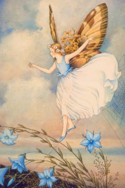 Modern Postcard: Vintage Print Repro - Fairy in Blue Walks Among Forget Me Nots