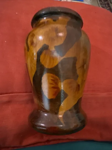 Vintage Pokerwork Australian Gum Nuts Wood Vase 20cm Tall