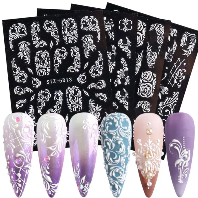 Flower Winter Sliders French White Nail Stickers 5D Acrylic Wedding Design