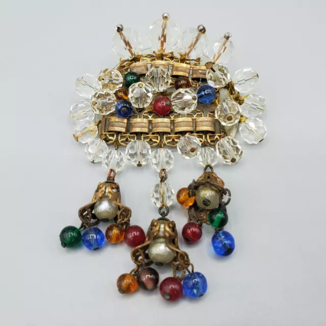 Early Unsigned 1940s Miriam Haskell Hess Clear Red Blue Bead & Bookchain Brooch