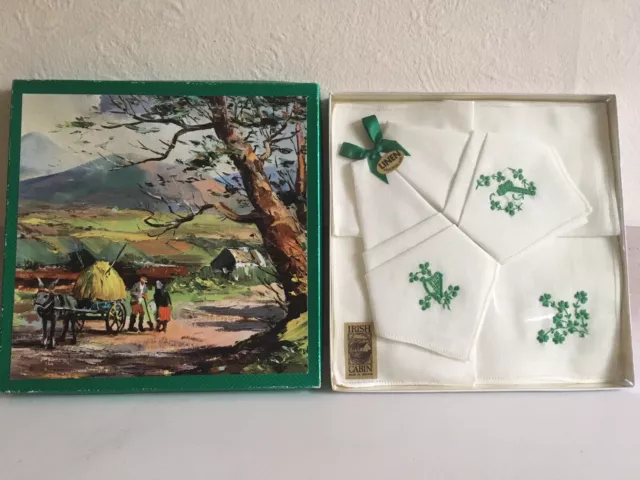 IRISH LINEN HANDKERCHIEFS. Hankies in vintage box. Shamrock clover Celtic harp