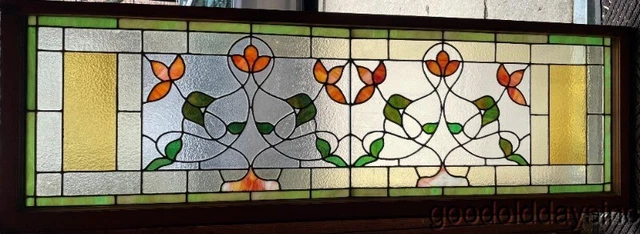 Antique Chicago Arts & Crafts Stained Leaded Glass Transom Window 65" x 21"