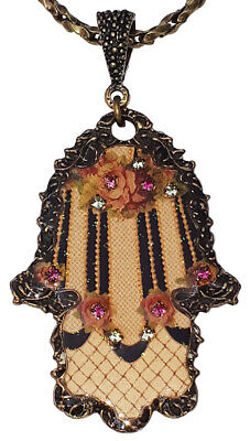 Michal Negrin Hamsa Necklace Roses Floral Crystals Pendant Chain Victorian Retro