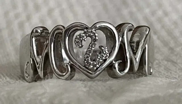 Jane Seymour Open Heart Sterling 925 Diamond "MOM" Ring Sz 6.5