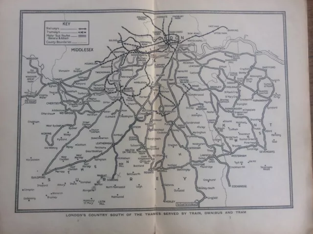 c1920 Map London’s Country South of the Thames served by Train Omnibus & Tram