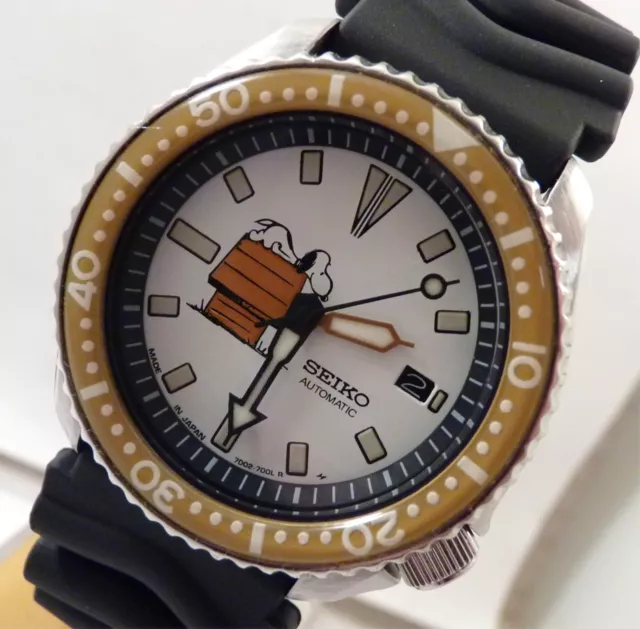 Seiko Ceramic White Snoopy Peanuts Automatic Scuba Divers Date Watch Custom 7002