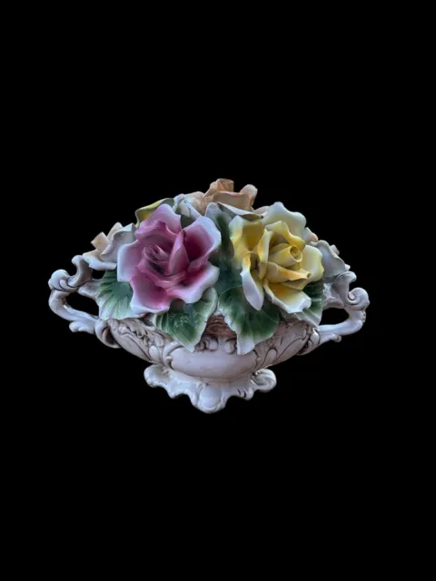 Large Vintage Capodimonte Italy  Basket of Flowers 13”x9”