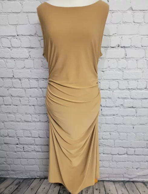 Norma Kamali Kamali Kulture Ruched Bodycon Midi Dress Women's Large in Camel Tan