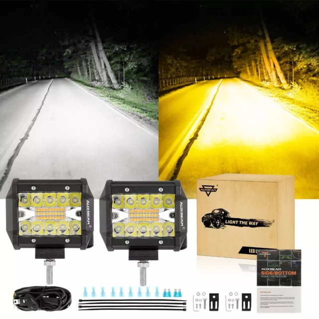 2x AUXBEAM 4" inch LED Light Bar Flashing Strobe Lamp Amber/White SUV 4x4 Pickup