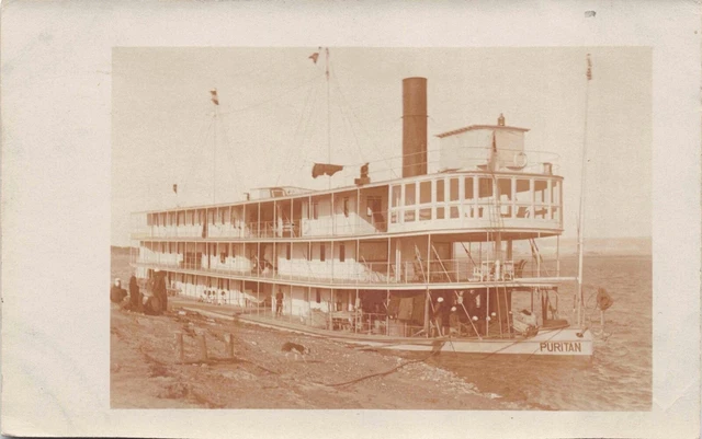 Real Photo Postcard Paddle Wheel Boat Puritan Docking at River Edge~127711