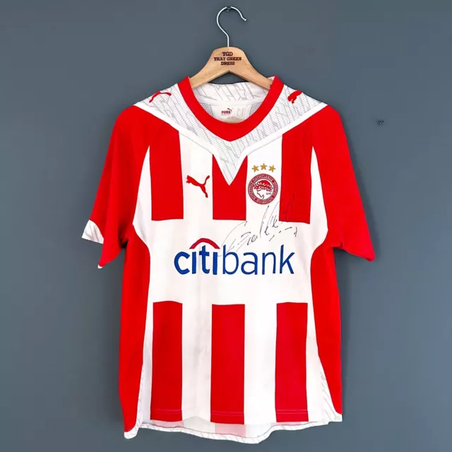 Mens Puma Olympiacos Red White 2009/10 Galletti Signed Football Shirt Size Small