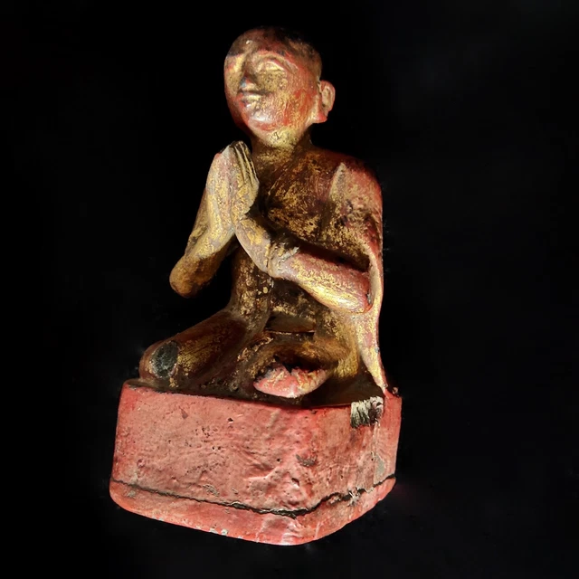 Antique Wood Religion Monk Burmese Gold Gild Buddha Sculpture Teak Wood lacquer