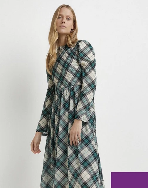 Abito midi verde River Island a quadretti vita a maniche midi manica gonfiabile RP £36 UK 8 NUOVO CON ETICHETTE