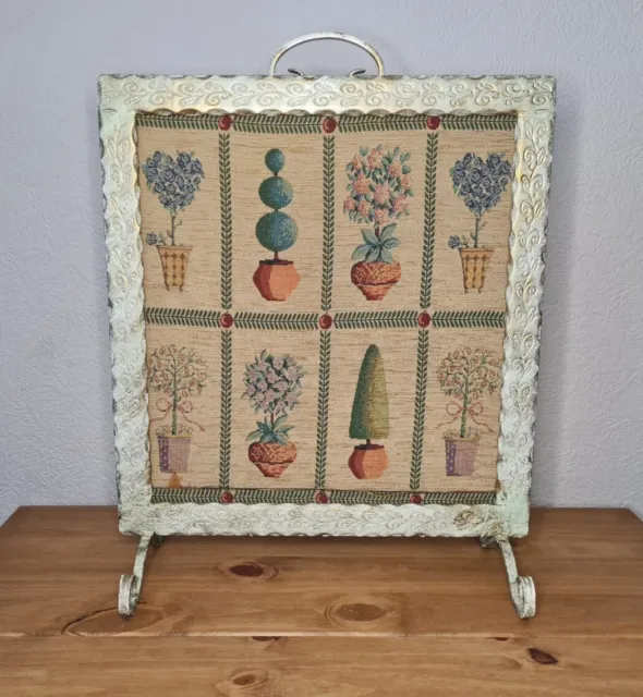 Vintage Embroidered Fire Guard Screen Metal Frame Flowers/Plants Design