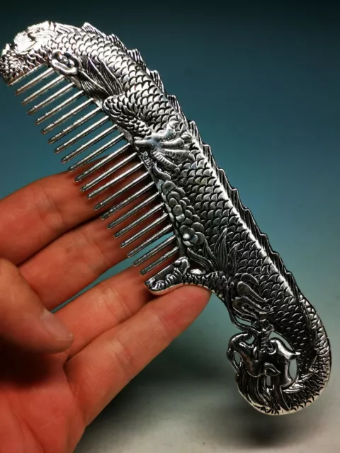 China Old Decoration Collectibles Handwork Tibet Silver Carving Dragon Comb C70