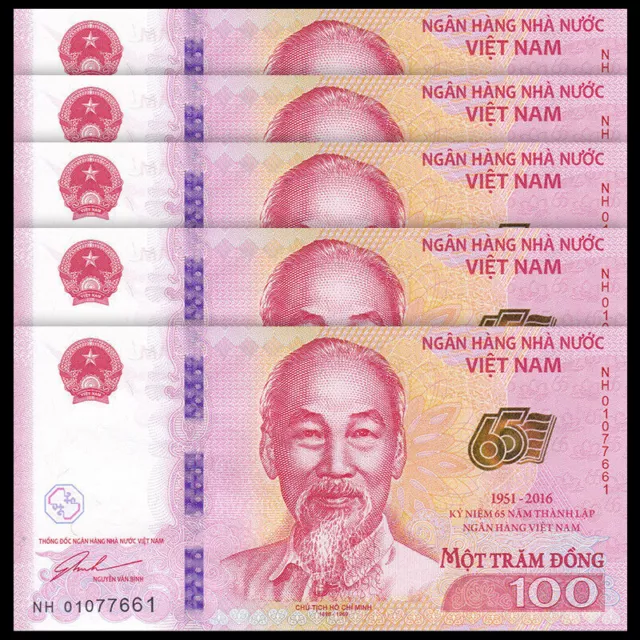 Lot 5 PCS, Vietnam 100 Dong, 2016, P-125 New, 65th COMM., Banknotes, UNC