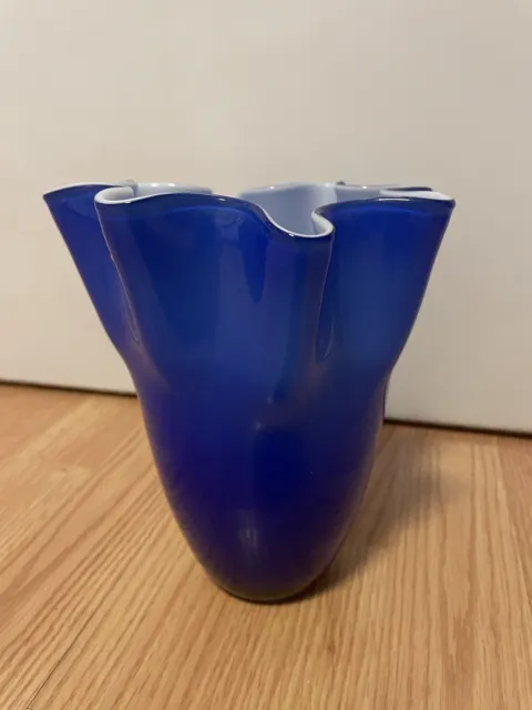 Vintage Hand Blown Blue Cased White Art Glass Handkerchief Vase