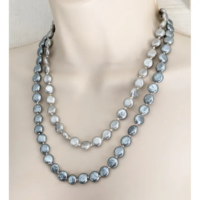 Silver Tone Gray & Silver Freshwater Coin Pearl Double Strand Necklace Signed