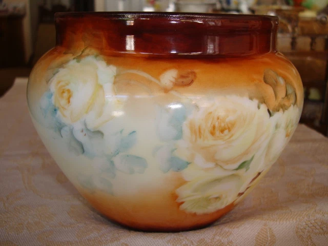 LIMOGES FRANCE HAND Painted Jardiniere Vase Planter, Yellow Roses 7 1/2