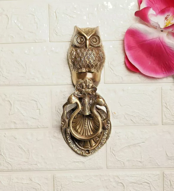 Antique Brass Owl & Peacock Shape Ring Door Knocker Bell Home Decor, 9" 2.42 lbs