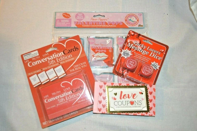 Juego de 4 ARTÍCULOS CUPONES DE AMOR ROMANCE San Valentín Tarjetas de conversación sexy globos DADOS