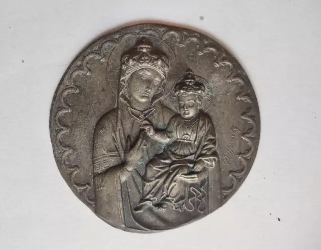 Placca Metallo Madonna con Gesù bambino con corona firmata dall'autore