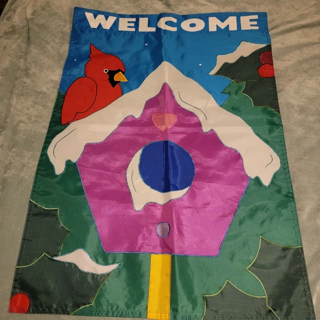 Outdoor Welcome Flag Snowy Birdhouse  Cardinal Holly Leaves and Berries Holiday