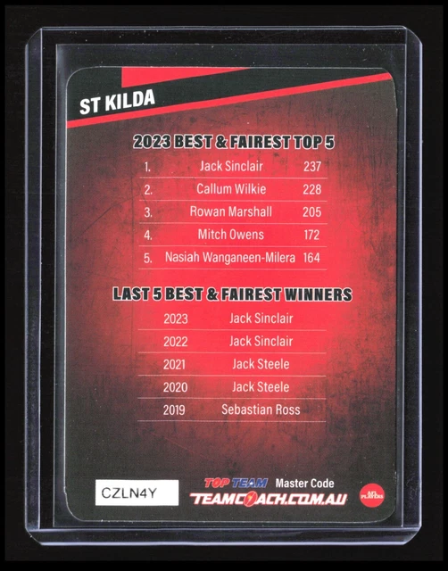 AFL 2025 TEAMCOACH Best and Fairest St Kilda Jack Sinclair BF15 CB23