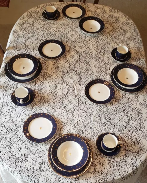 Sakura Galaxy Porcelain Holiday Blue 14 K Gold Trim Plates-Cups-Saucers-Bowls