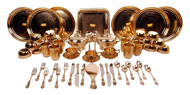 Brass Dinner Set - 60 Pieces - Designer - (Embossed, Gold)