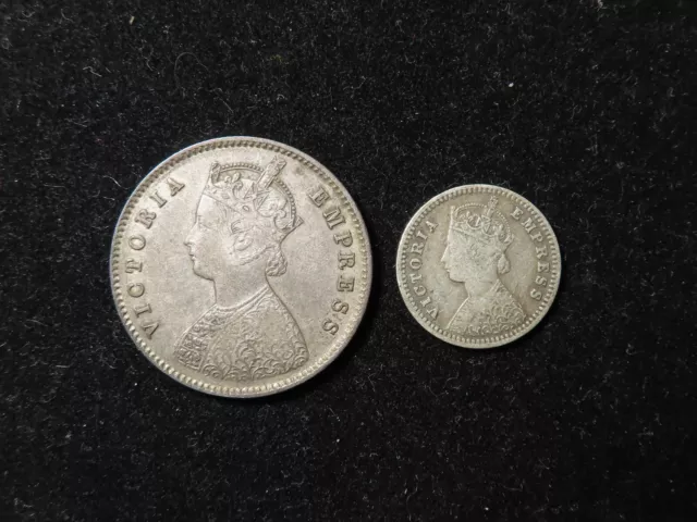 India, British Colonial Queen Victoria Silver Half Rupee 1896 & 2 Annas 1892