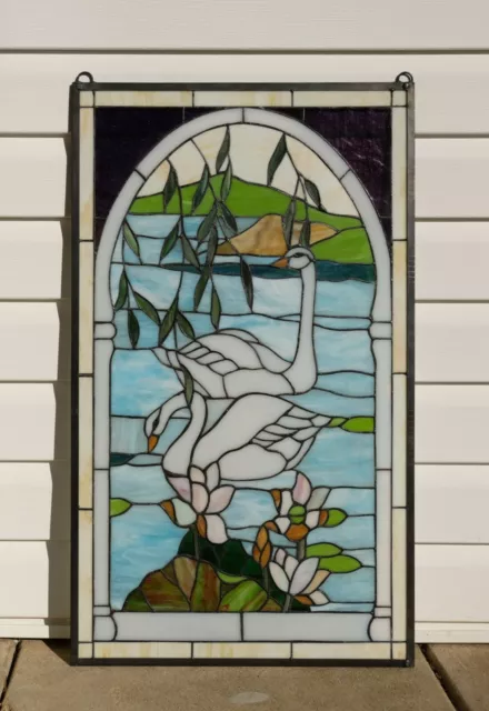 20.5"W x 34.75"H Handcrafted stained glass window panel two swans.