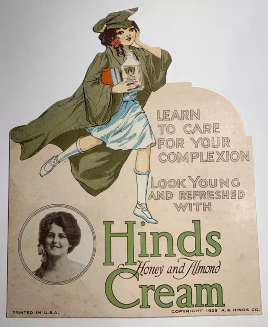 RARE 1923 Hinds Cream Die cut Cardboard Easel Back Sign  Art Deco School Girl