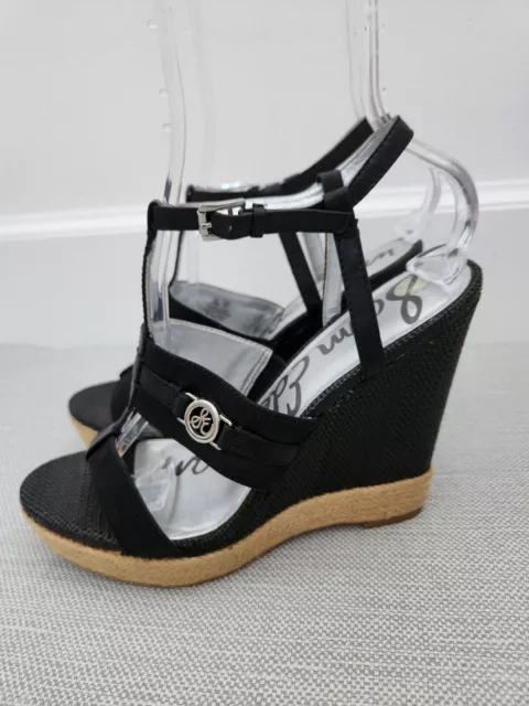 Sam Edelman Karley Black Leather Textile T-strap Wedge Sandals Women 8.5 M 2