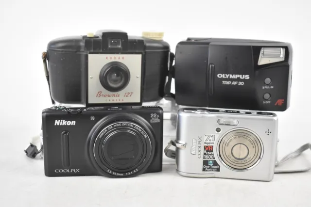 Collection Of 4x Digital & Film Cameras Nikon Coolpix S9600, Olympus Untested