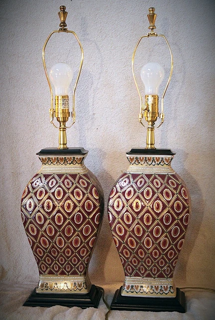 MCM Vintage Oriental Porcelain Table Lamps Pair Set of 2 Red 29" tall Base 16"x8