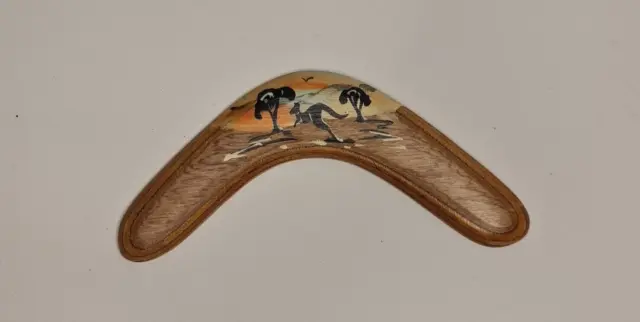 Small Wooden Boomerang With Hand Painted Kangaroo Scene