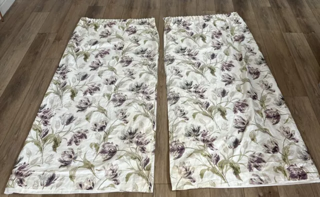 Pair Of Laura Ashley Plum Tulip Patterned Lined Curtains