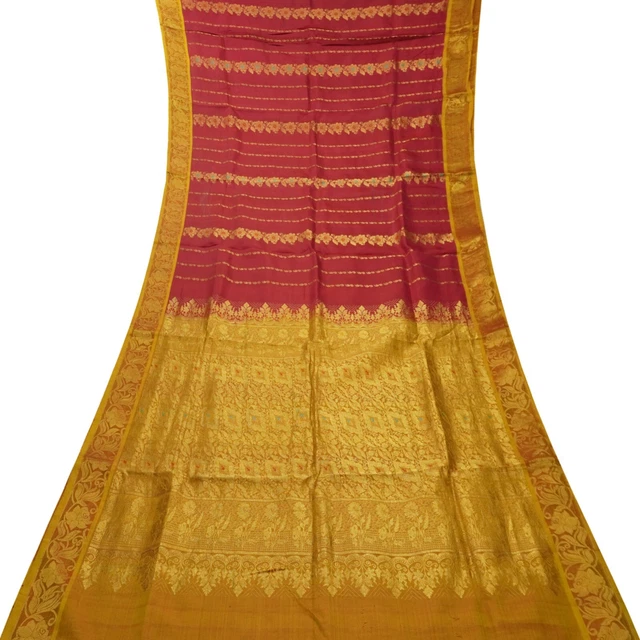 Vintage Rosa Magenta Sari 100% Pura Seta Zari IN Tessuto Rich Pallu 4.6m