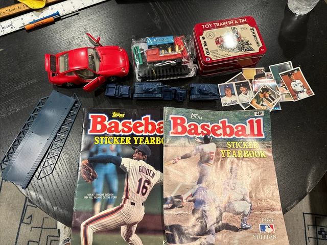 Junk Drawer Toy Lot Vintage 1/24, Army Tanks, Trains, Baseball Stickers